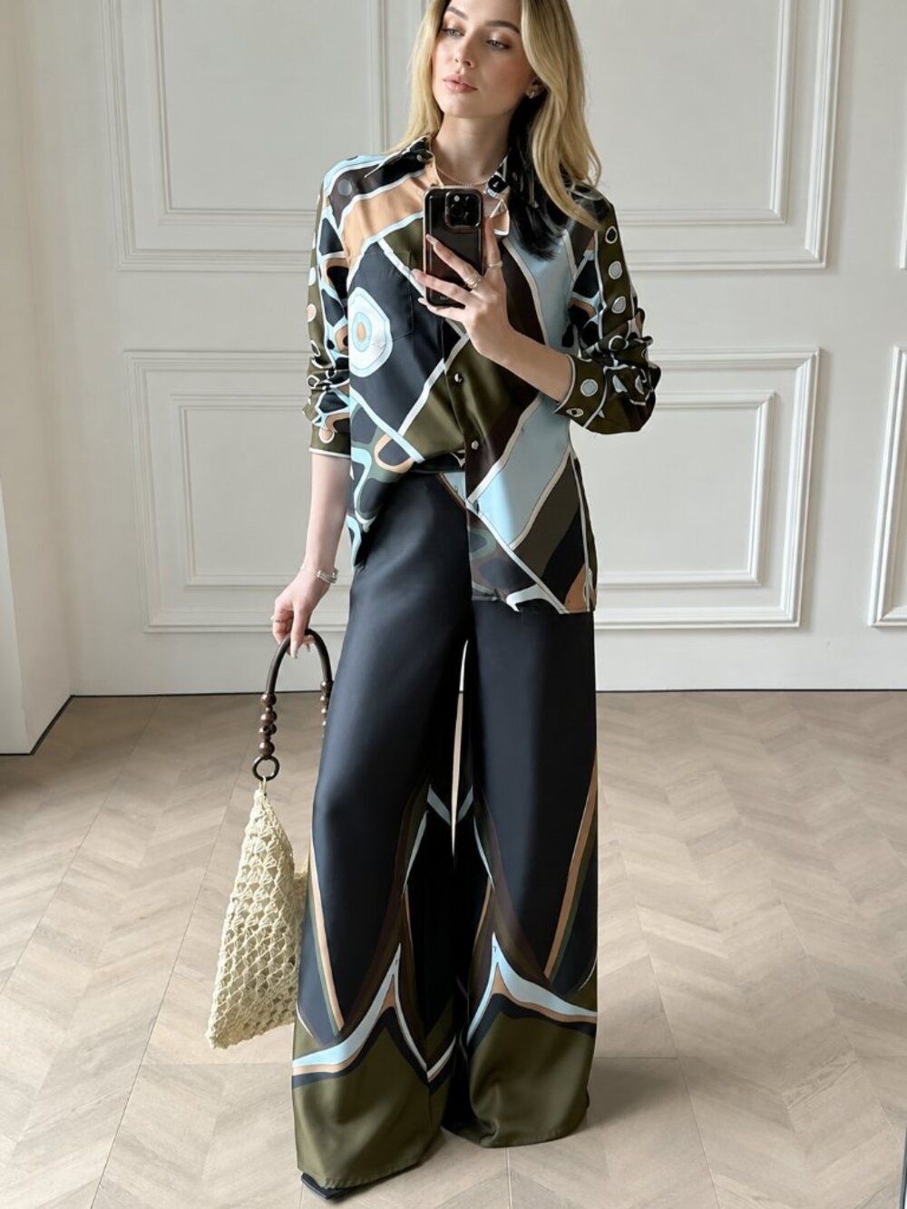 NWT Emilio Pucci Printed Silk Button Down Shirt & Wide Leg Pants Two Piece Set
